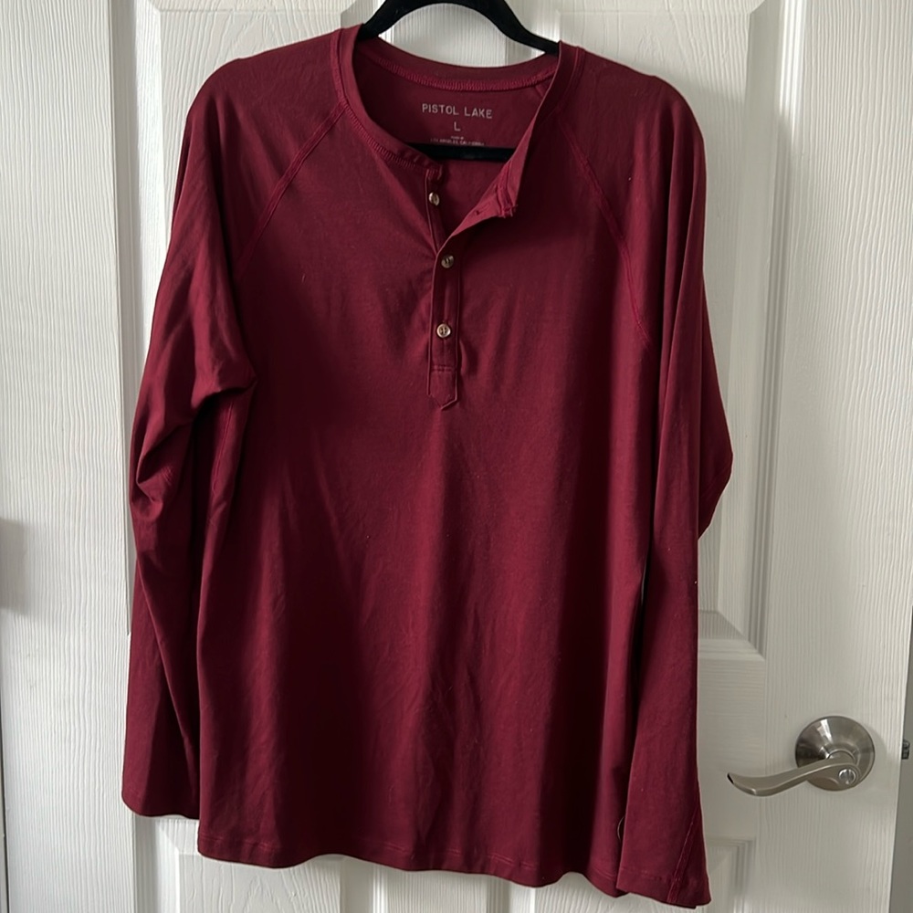 PISTOL LAKE Men’s Red Cotton Long Sleeve Henley Shirt
